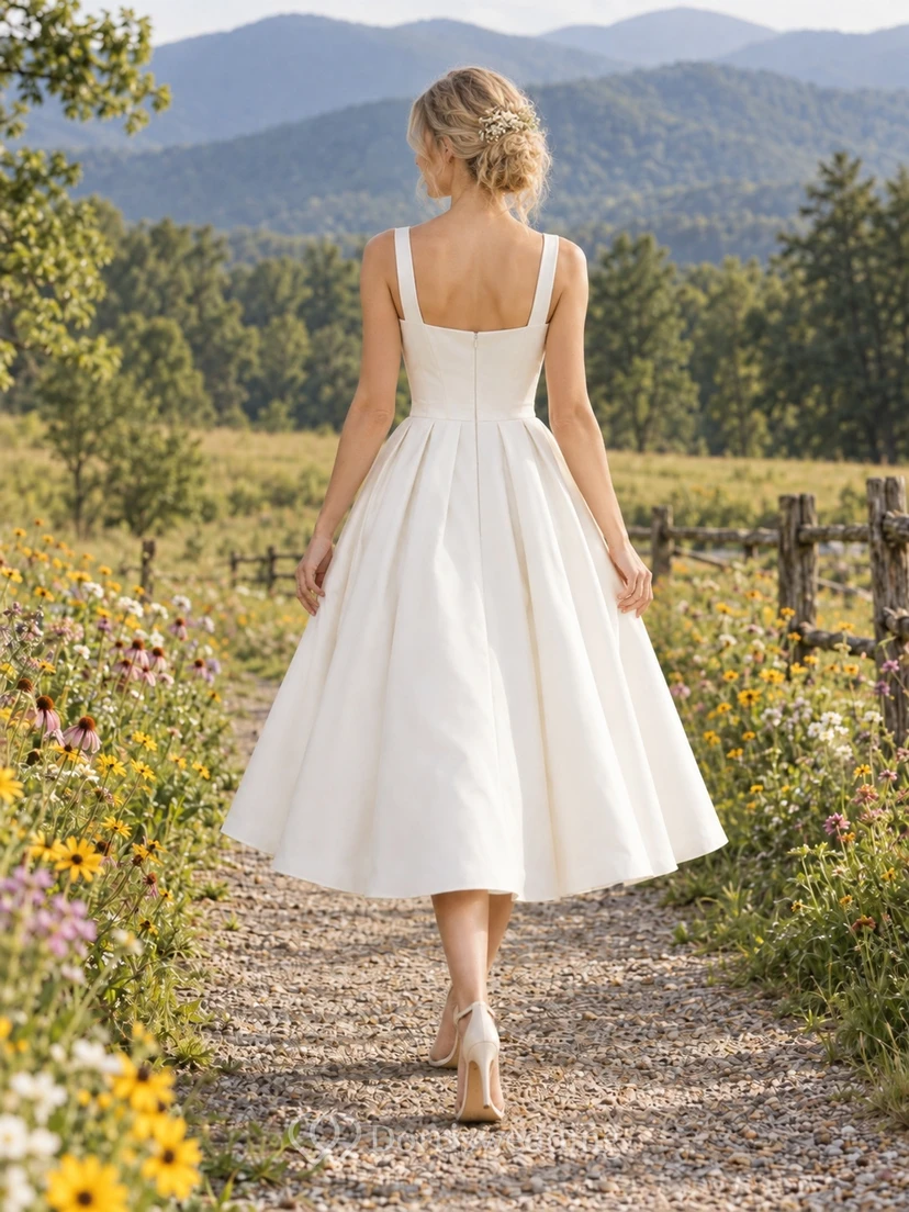 Simple Tea-Length Square Neck A-Line Sleeveless Pleated Woven Sateen Wedding Dress view 2