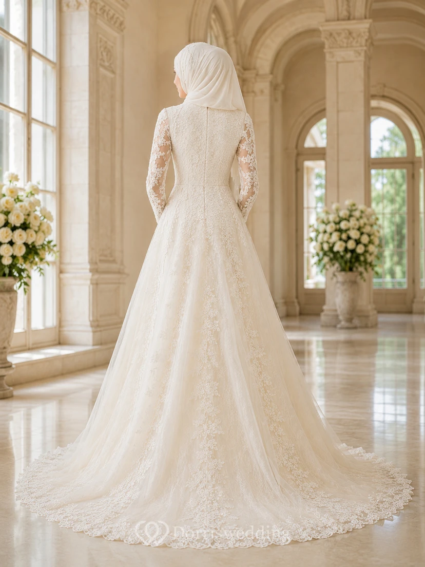 Vestido de novia musulmán de corte A con mangas de encaje ilusión y cuello alto view 2