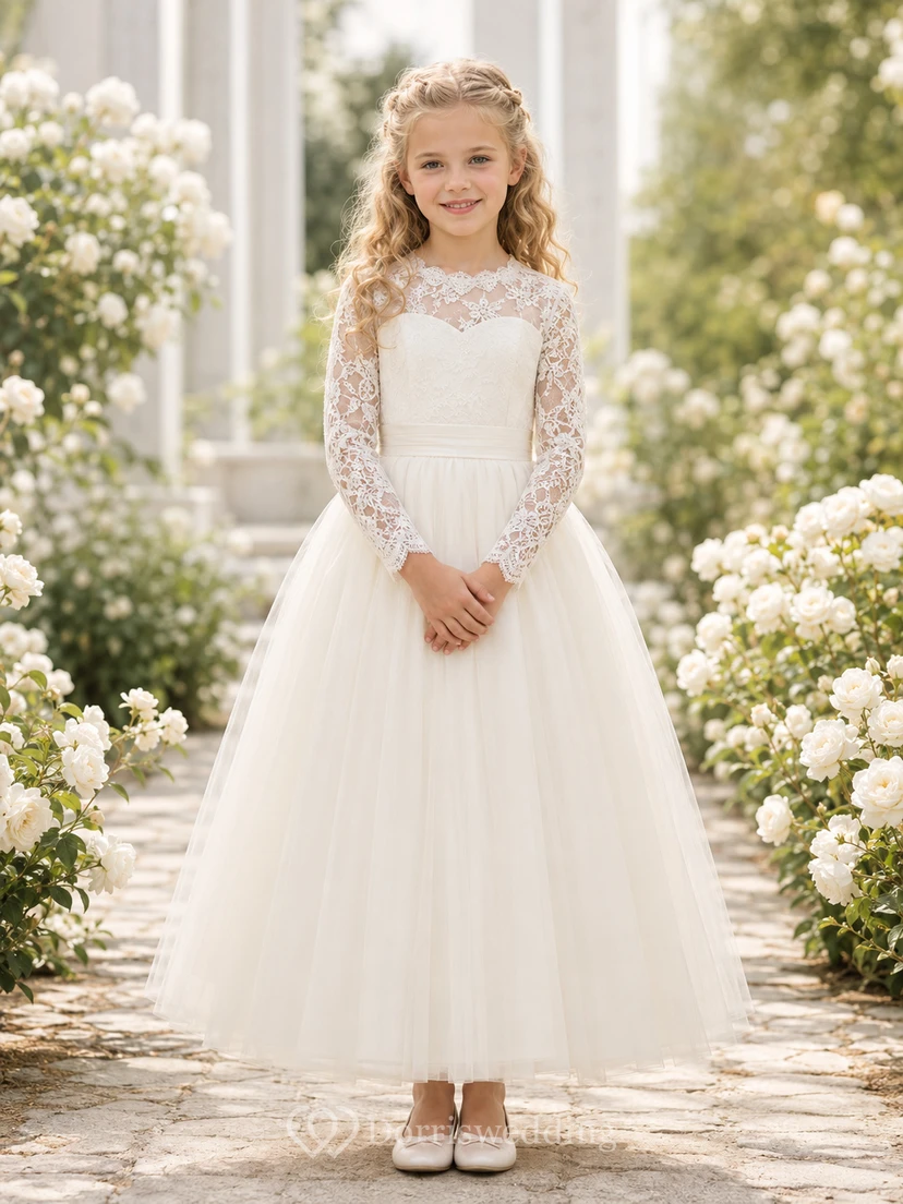 Langärmeliges A-Linien-Kleid aus Spitze und Tüll für Blumenmädchen mit Rundhalsausschnitt und bodenlangem Rock