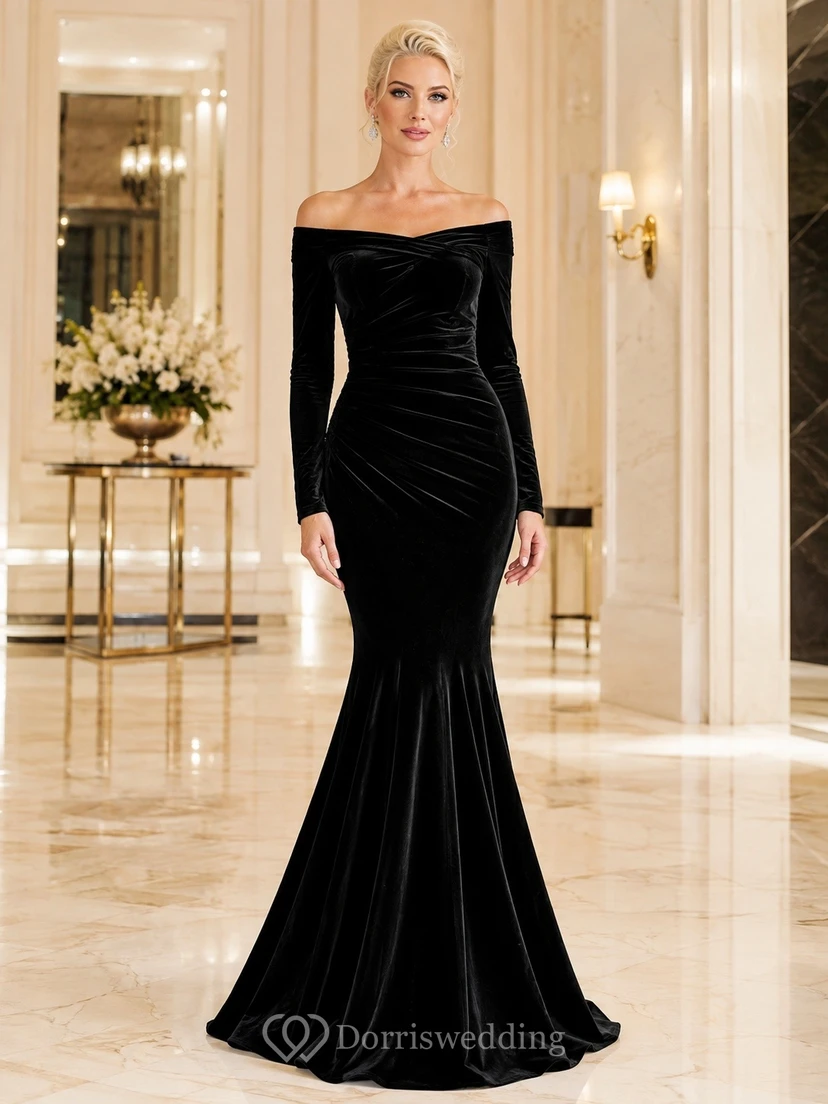 Long Sleeve Off Shoulder Mermaid Velvet Black Luxury Formal Dress