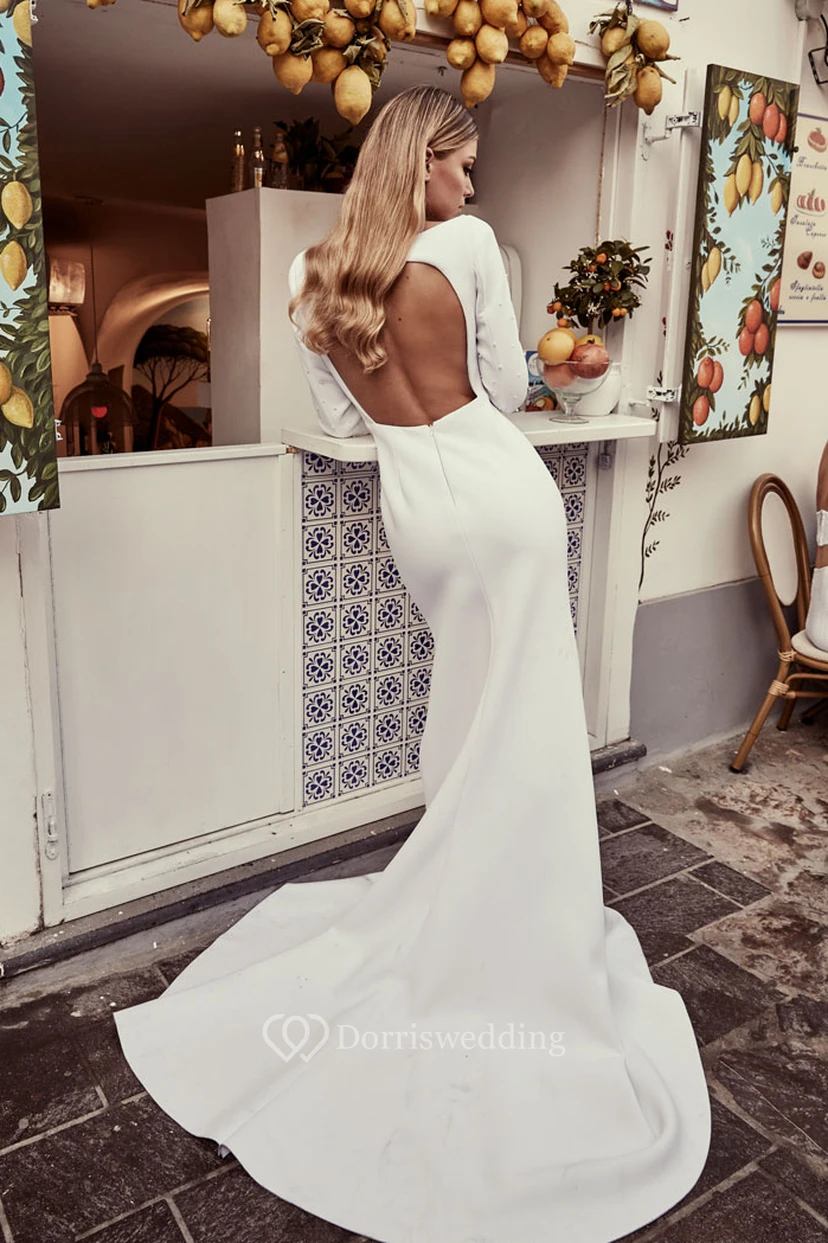 Sexy Satin Mermaid Long-Sleeve Front Split Simple Wedding Dress with Beading view 3