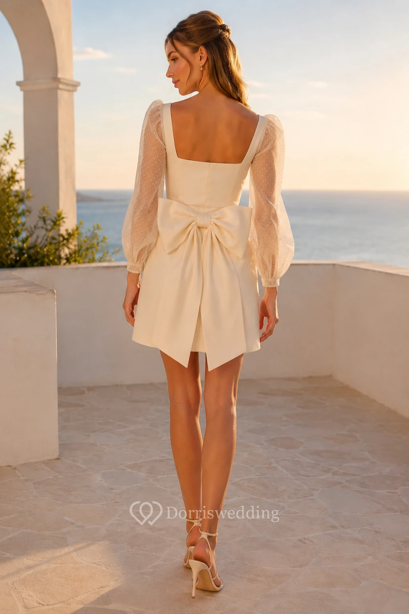 Mini-Hochzeitskleid aus Satin mit eckigem Ausschnitt und Puffärmeln view 2