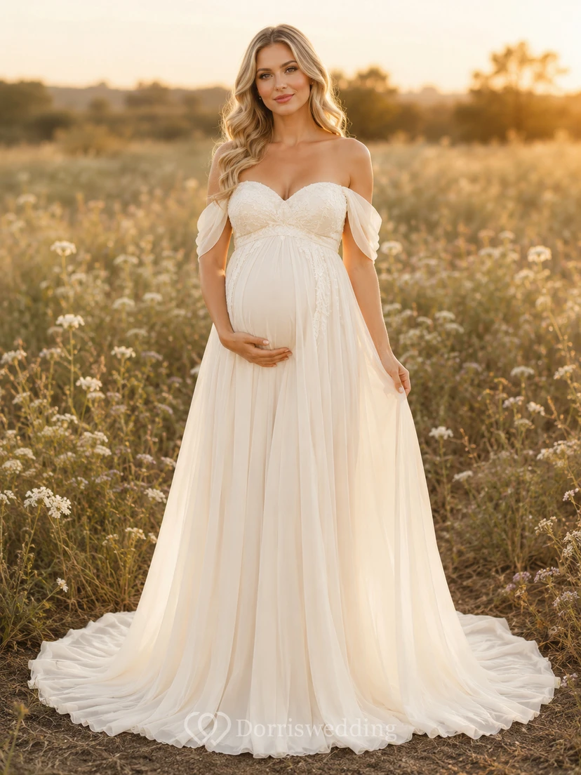 Umstandsbrautkleid, schulterfrei, schlichtes A-Linien-Tüllkleid mit herzförmigem Oberteil und Schleppe