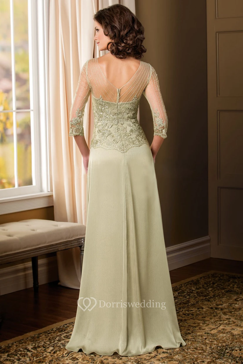 3-4 Sleeved Long Mother Of The Bride Dress With Appliques And V-Back view 2