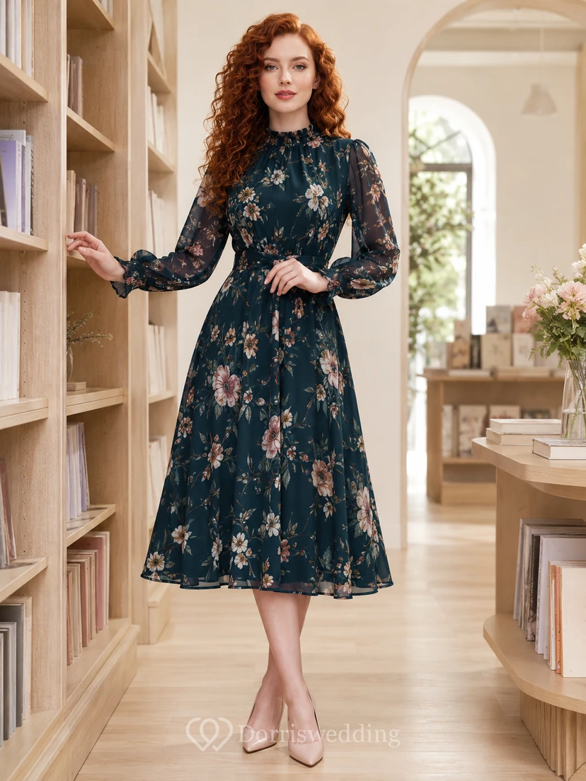 Navy floral high neck sheer sleeve bookstore midi dress