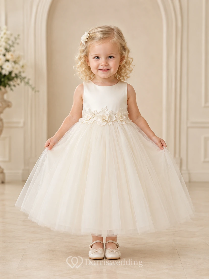 Floral Applique Sleeveless Tea-Length A-Line Flower Girl Garden Wedding Tulle Dress