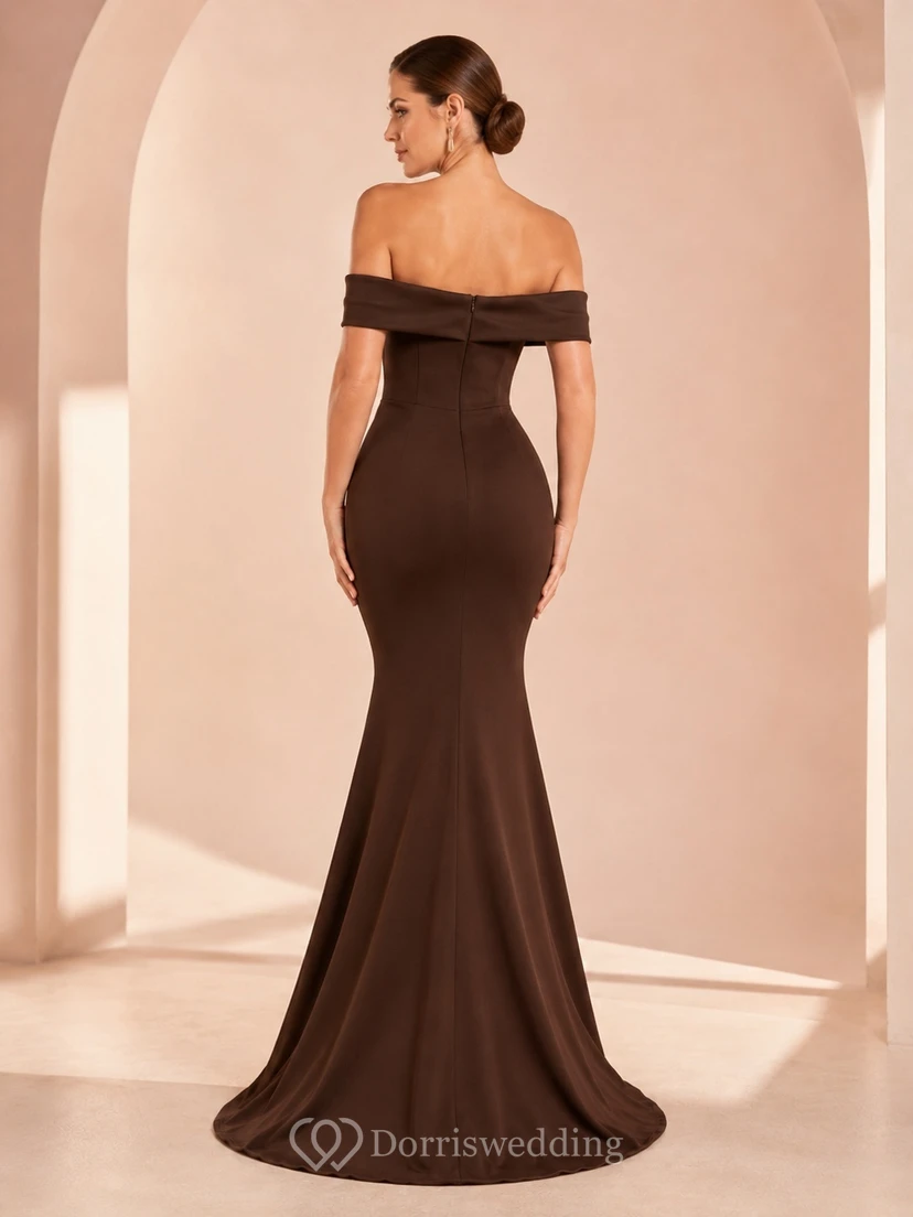 Chocolate Brown Off-the-shoulder Satin Mermaid Floor-length Sweep Train Evening Dress view 2
