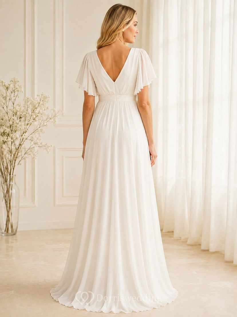 Maternity Modest V Neck Flutter Sleeve White Chiffon Formal Dress view 2