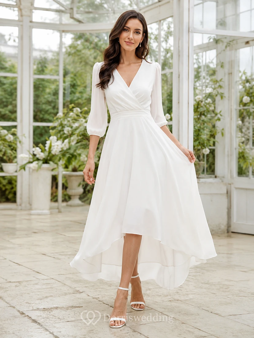 Elegant Civil Chiffon A Line Wrap V Neck High Low Wedding Dress