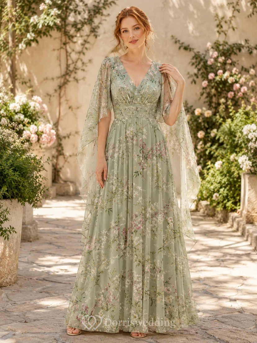 Sage Floral Cape Sleeve V-Neck A-Line Maxi Formal Dress
