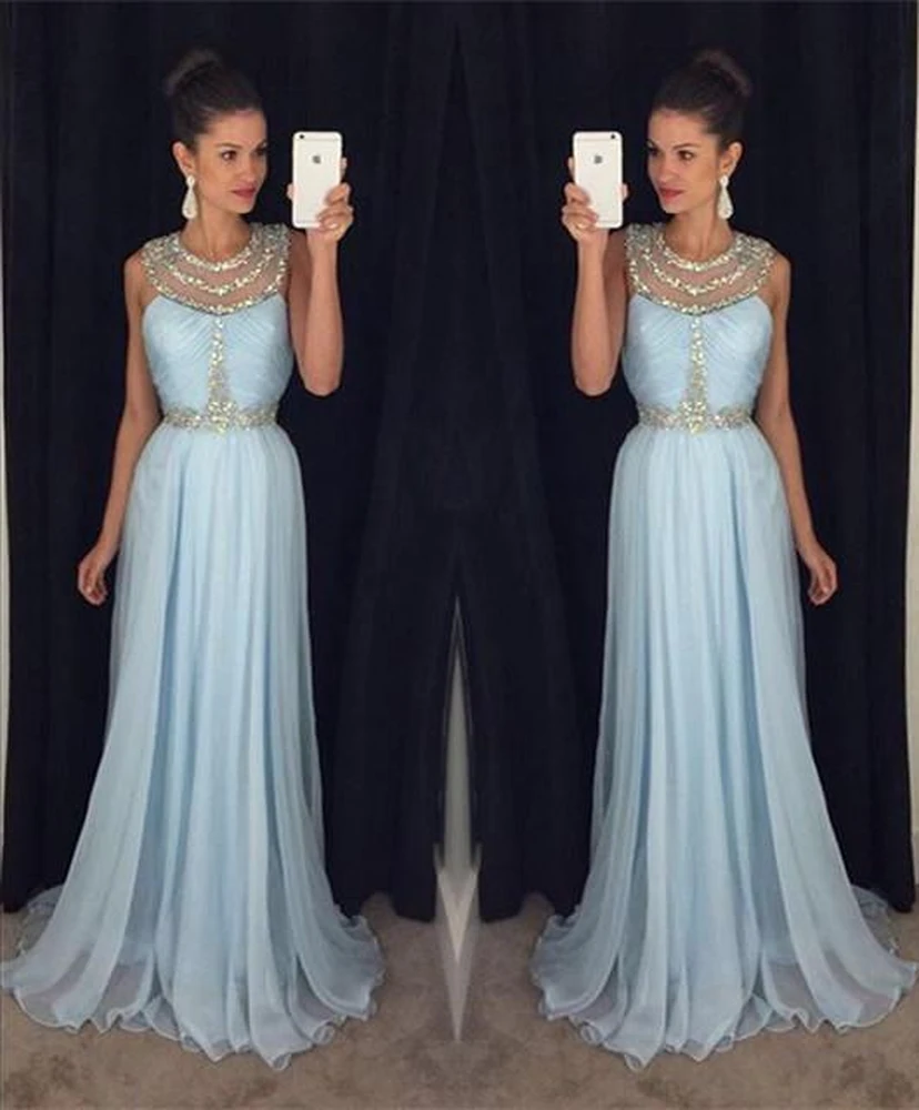 Modern Beadings Jewel A-line Prom Dress Sweep Train view 2