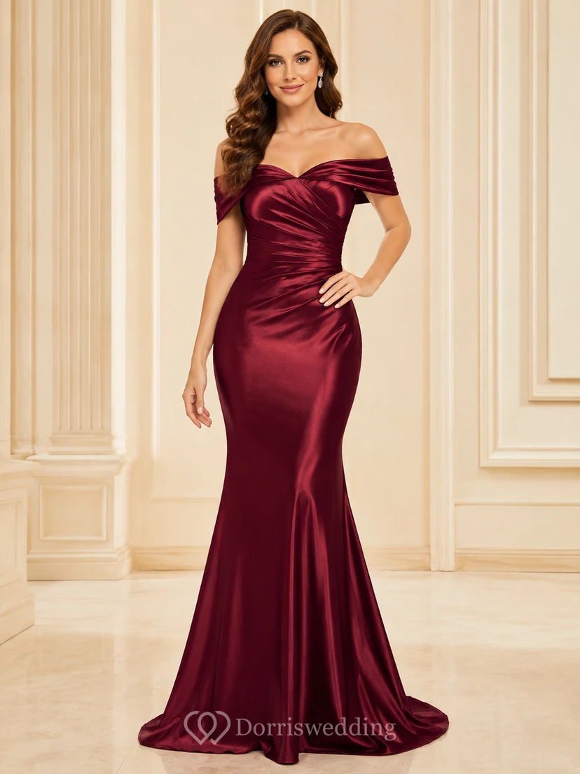 Burgunderfarbenes, schulterfreies, gerafftes Meerjungfrauen-Abendkleid aus Satin, bodenlang, sexy für Empfänge
