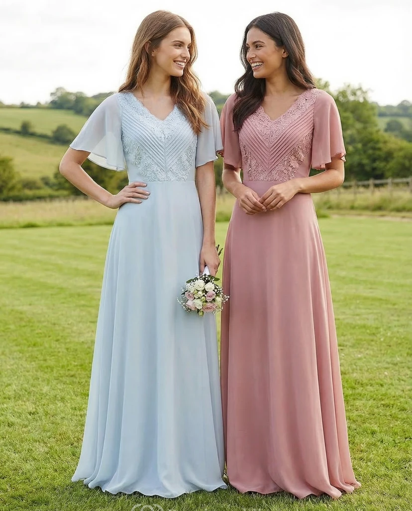 Poet Sleeve Ruched V-Neck Chiffon Gown view 3