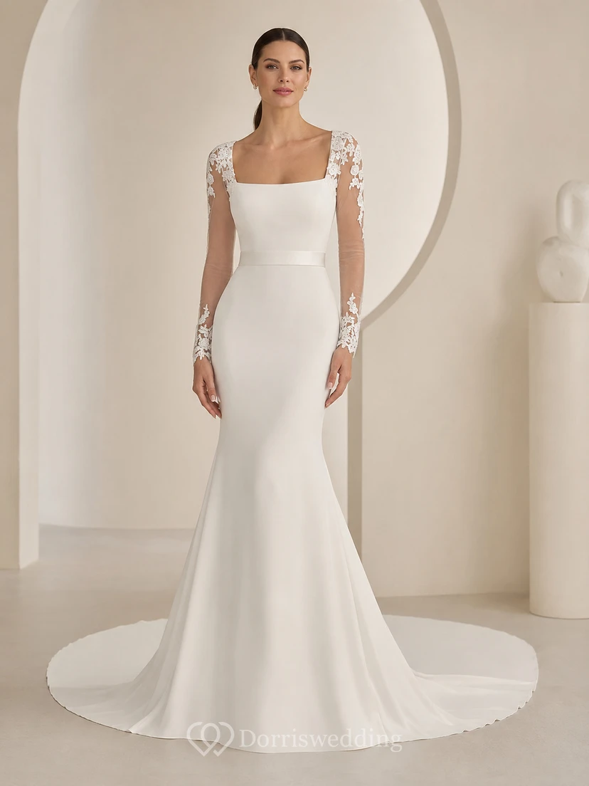 Robe de mariée sirène en satin poli et dentelle, col carré, manches longues transparentes, longueur au sol