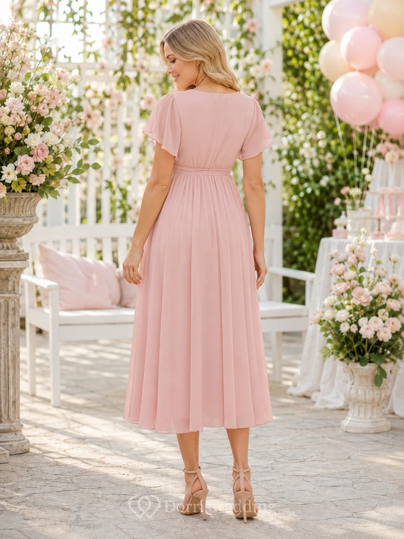 Vestido de ducha de gasa de corte imperio, largo hasta la rodilla, color rosa rubor, escote en V, mangas con volantes y para embarazadas. view 2