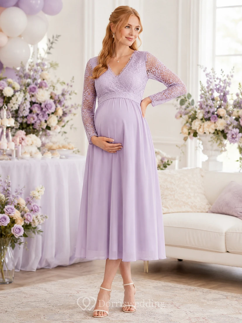 Lace Baby Shower Lavender Empire Tea-length V-neck Long Sleeve Chiffon Maternity Romantic Elegant Guest Formal Reception Dress