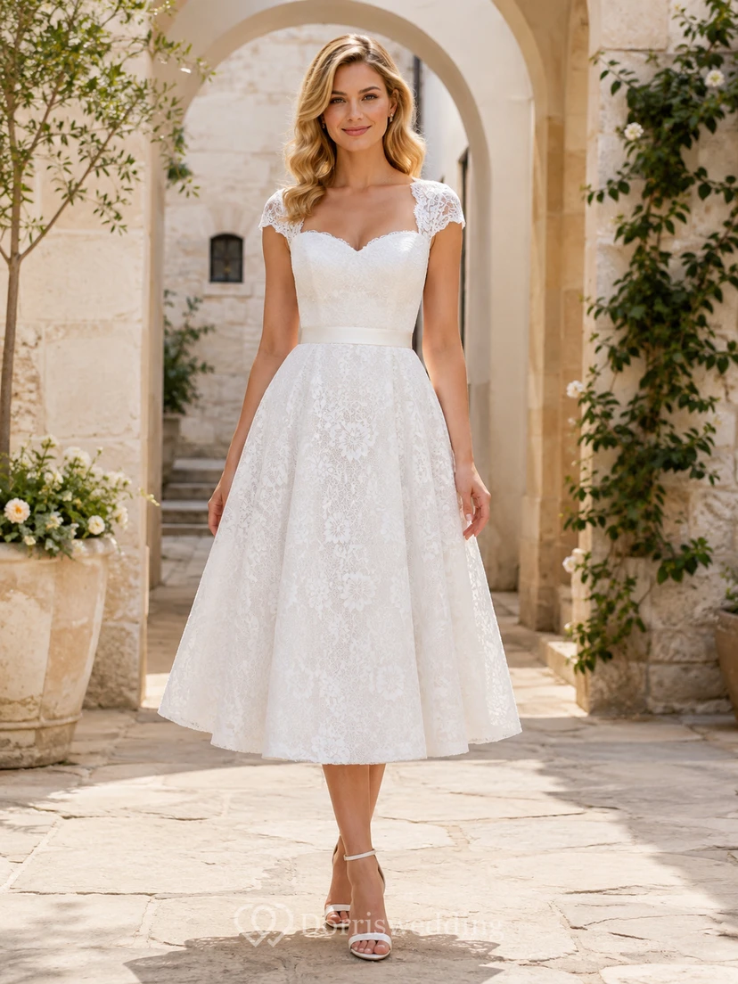 Vestido de novia civil vintage estilo barco con mangas cortas, encaje completo, corte en A, largo hasta la rodilla, para ceremonia en el juzgado.