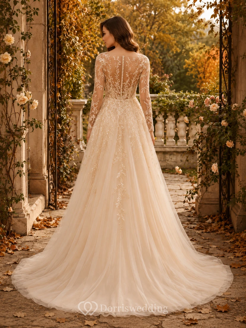 Champagne Autumn Long Sleeve Embroidered A-Line Wedding Dress view 2