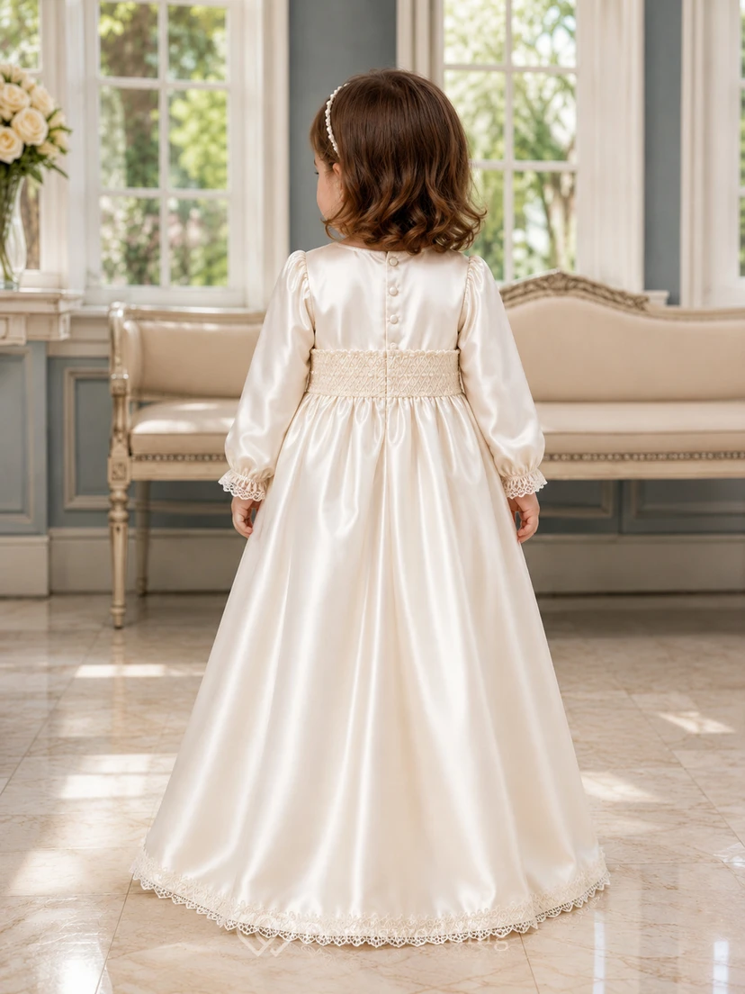 Round Neck Christening Gown A-Line Satin Lace Long Sleeve Sash Back view 2