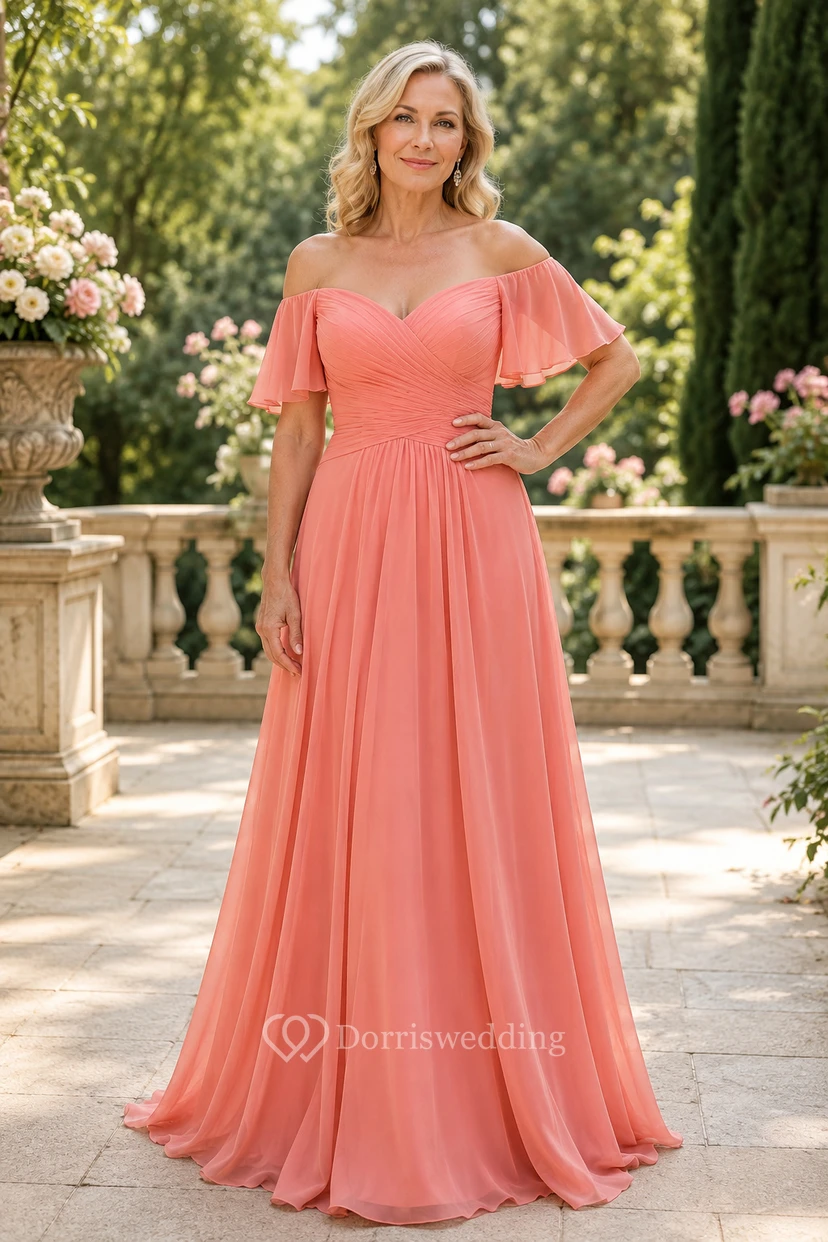 Korallenfarbenes schulterfreies Chiffon-Kleid in A-Linie für Mütter
