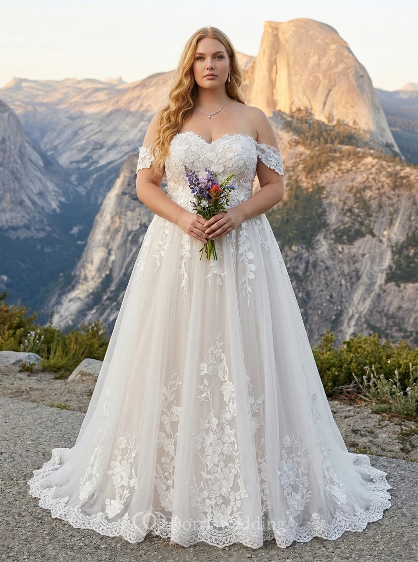Vestido de novia de encaje de talla grande con hombros descubiertos y falda de tul con apliques