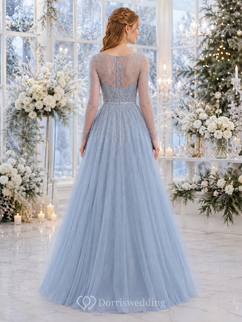Sky Blue Lace Tulle Long Sleeve Winter Gown view 2