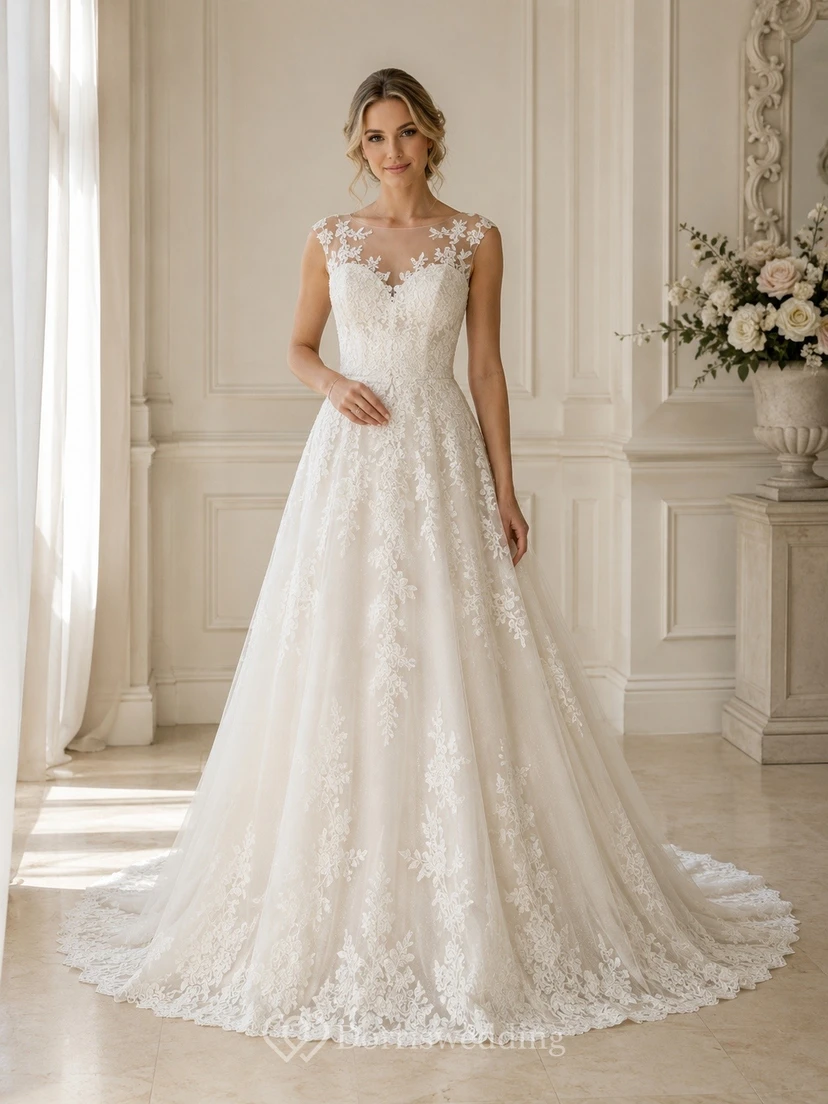 Robe de mariée en dentelle à traîne courte, décolleté illusion et ourlet asymétrique fleuri