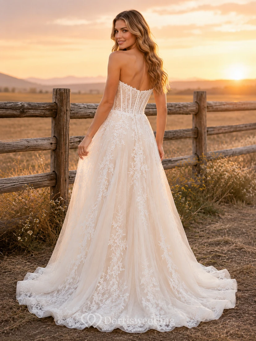 Western Rustic Strapless Lace A-Line Wedding Dress With Train view 2