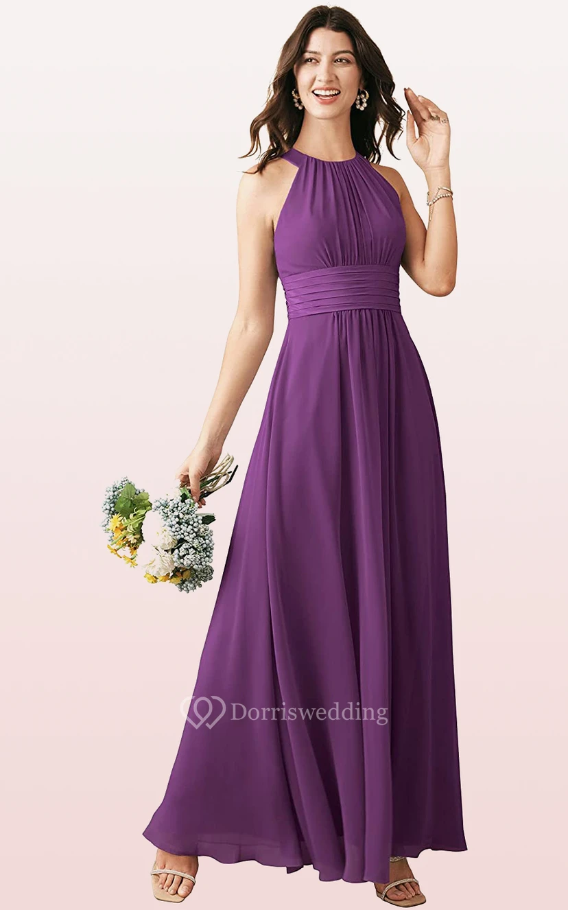 Halter A Line Sleeveless Ankle-length Chiffon Bridesmaid Dress With Ruching view 12