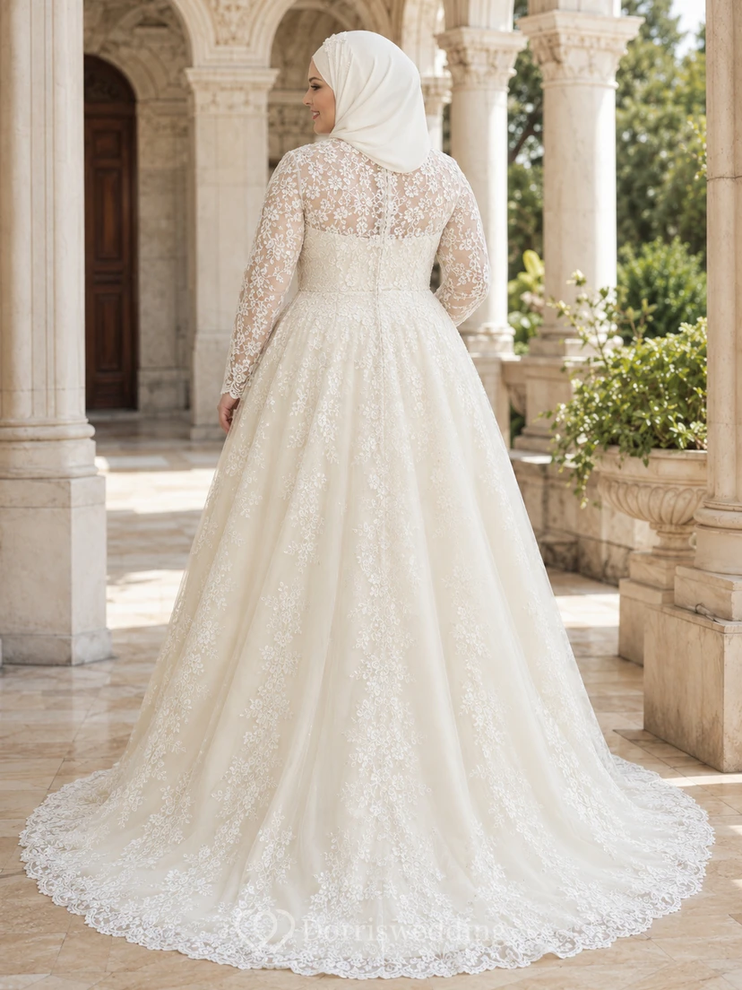 Plus Size Muslim Long Sleeve Lace A-Line Chapel Wedding Dress view 2