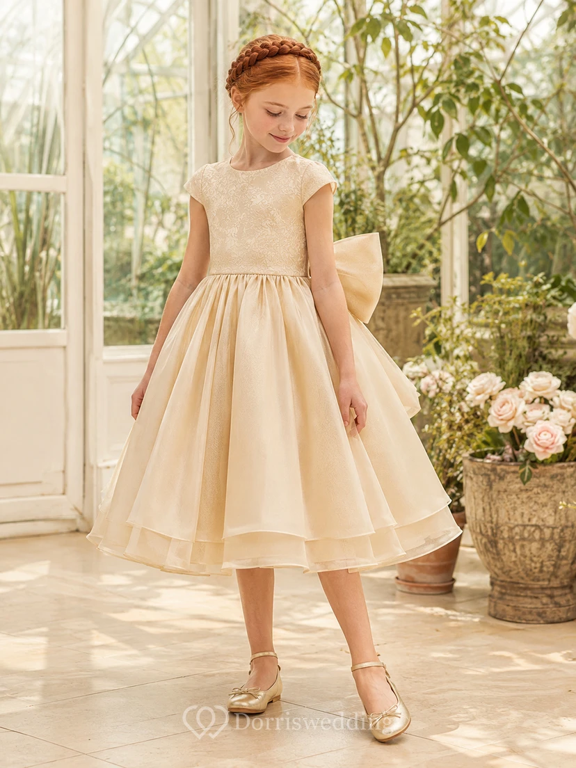 Bow Back Tulle A-Line Flower Girl Dress with Jewel Neck and Tea-Length Skirt