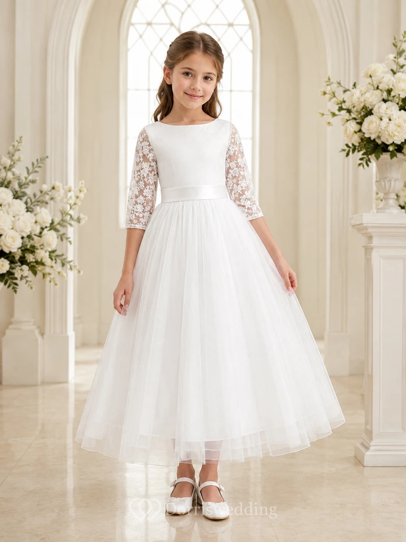 Vestido de té de tul para niña de las flores con mangas tres cuartos de encaje para comunión