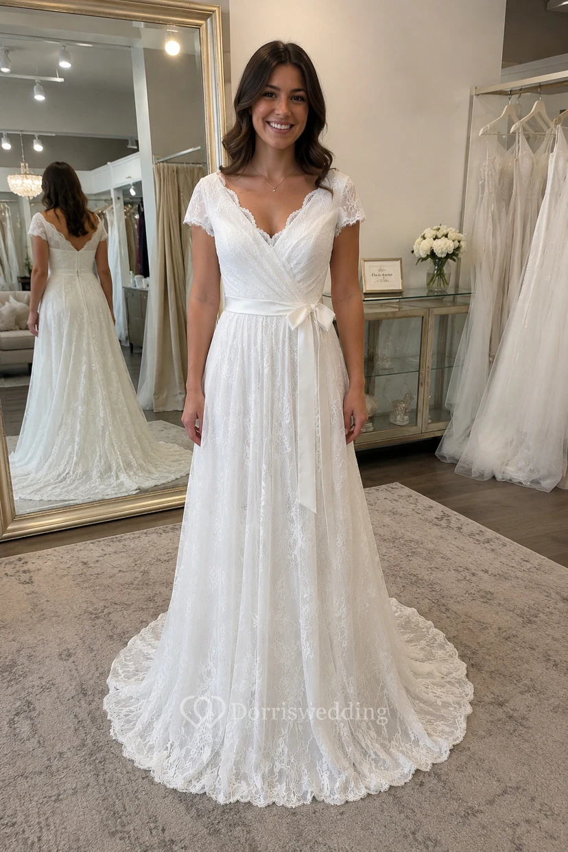 Robe de mariée en dentelle, coupe trapèze, décolleté en V festonné, manches courtes illusion, longueur au sol view 3