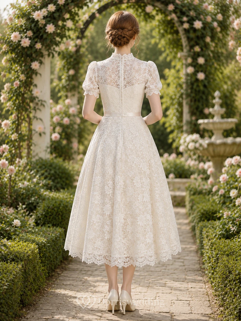 Robe de mariée vintage en dentelle à col montant et coupe trapèze, longueur thé view 2