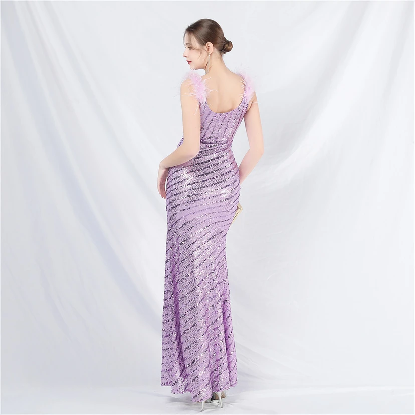 Evening Dress Craft Beaded Ostrich Feather Sequined Side Slit Evening Dress view 15