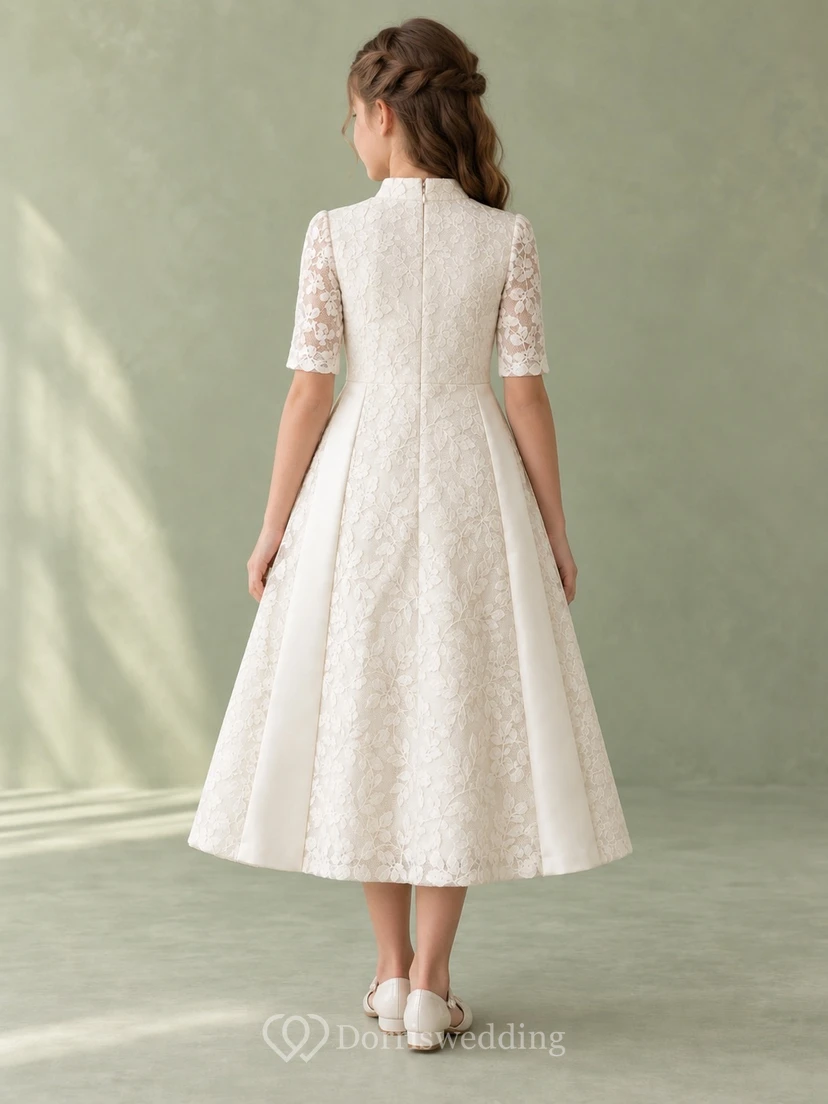Modest High Neck Tea-length Ivory Half Sleeve Leaf Lace Smooth Panel A-Line Flowergirl Dress view 2