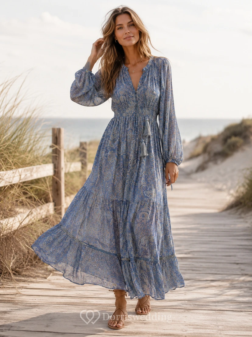Steel Blue Printed V-Neck Poet Sleeve Bohemian Maxi Dress Beach