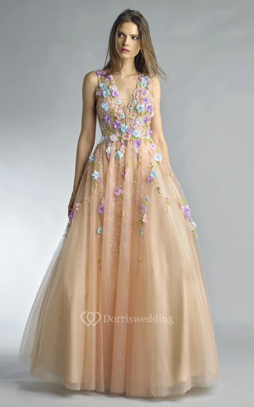 A-line Floor-length V-neck Sleeveless Tulle Zipper Dress