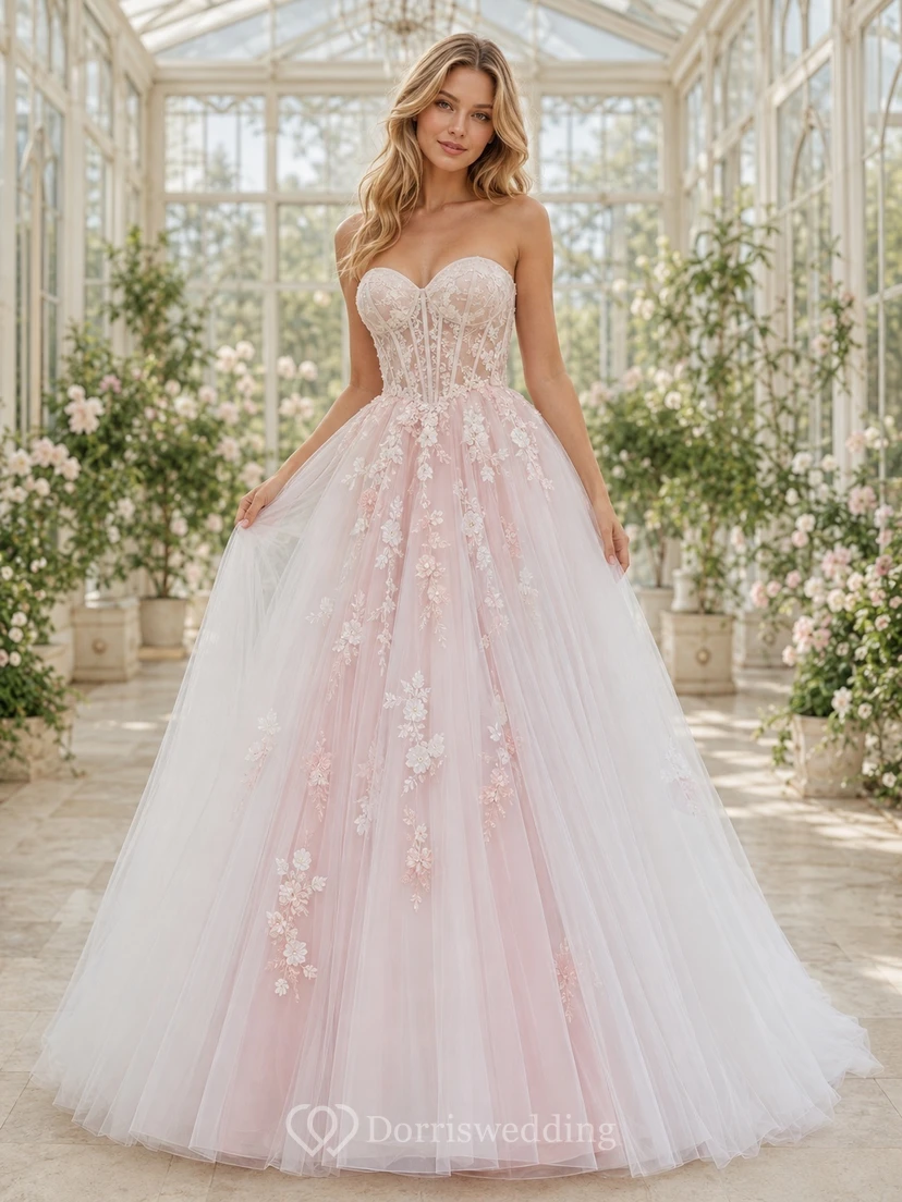 Rosafarbenes, trägerloses Brautkleid mit Herzausschnitt, A-Linie, Schleppe und Blumenmuster