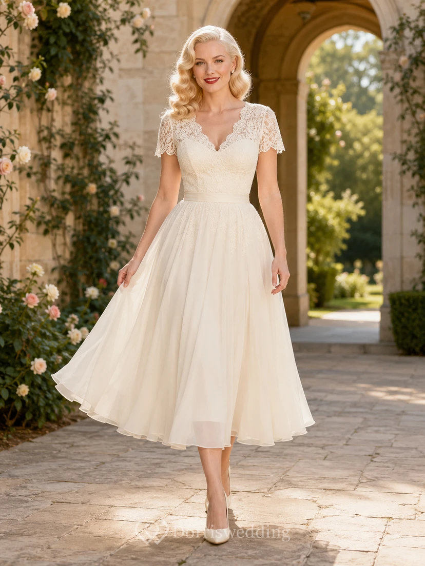 Vestido de novia vintage de gasa con escote corazón y mangas cortas, largo hasta la rodilla, estilo jardín.