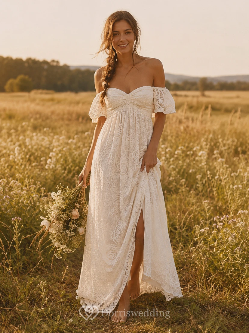 Off-the-Shoulder Boho Wedding Dress with Puff Sleeves, Draped Bodice & Lace Sheath Skirt
