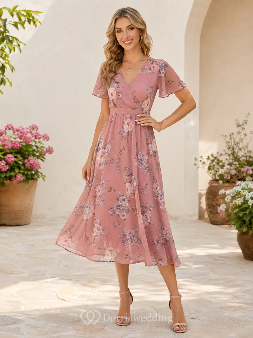 Dusty Rose Floral V-Neck Flutter Sleeve Garden Guest Dress Romantic
