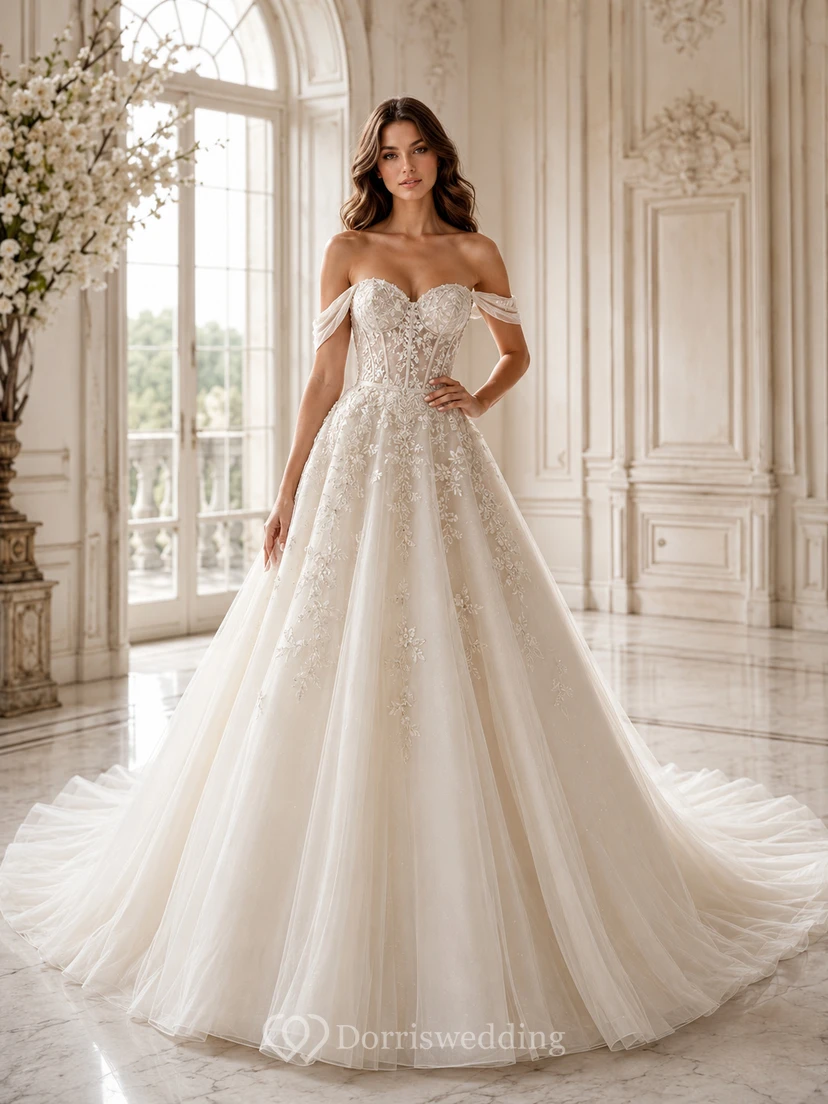 Robe de bal en dentelle florale à épaules dénudées et manches courtes, avec traîne chapelle et texture luxueuse.