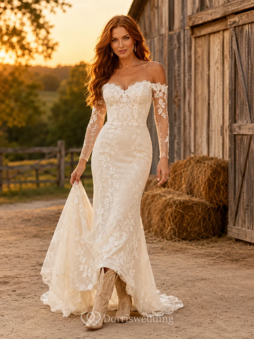 Robe de mariée de maternité à col carré, manches bouffantes, style champêtre simple avec traîne