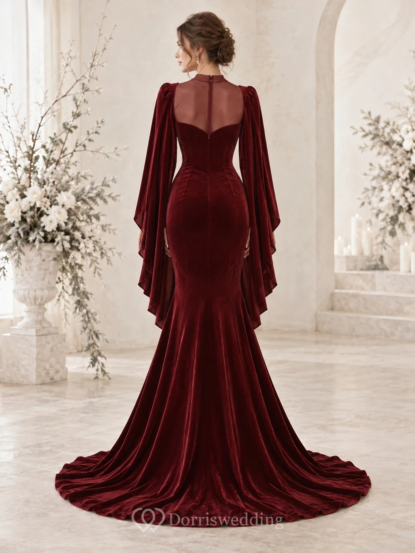 Vestido de novia de terciopelo con capa y escote corazón, manga larga, color burdeos, estilo sirena, ideal para invierno. view 2