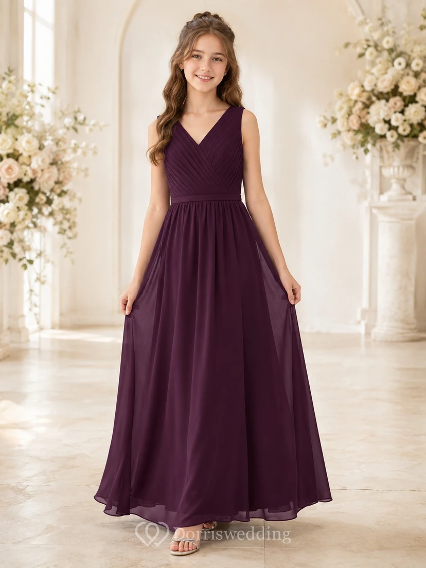 Pflaumenfarbenes Brautjungfernkleid für junge Damen, A-Linie, V-Ausschnitt, ärmellos, elegant, formell