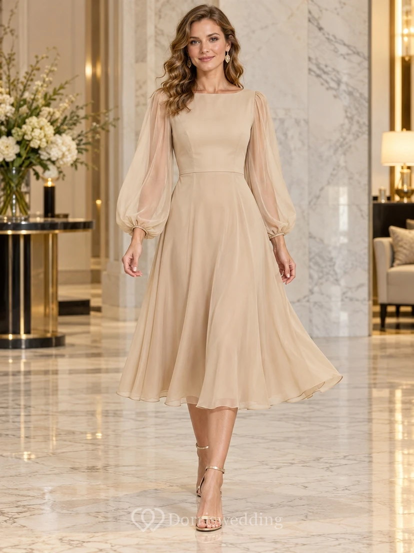 Modest Long Sleeve Champagne Bateau Flowing Tea Length Cocktail Dress