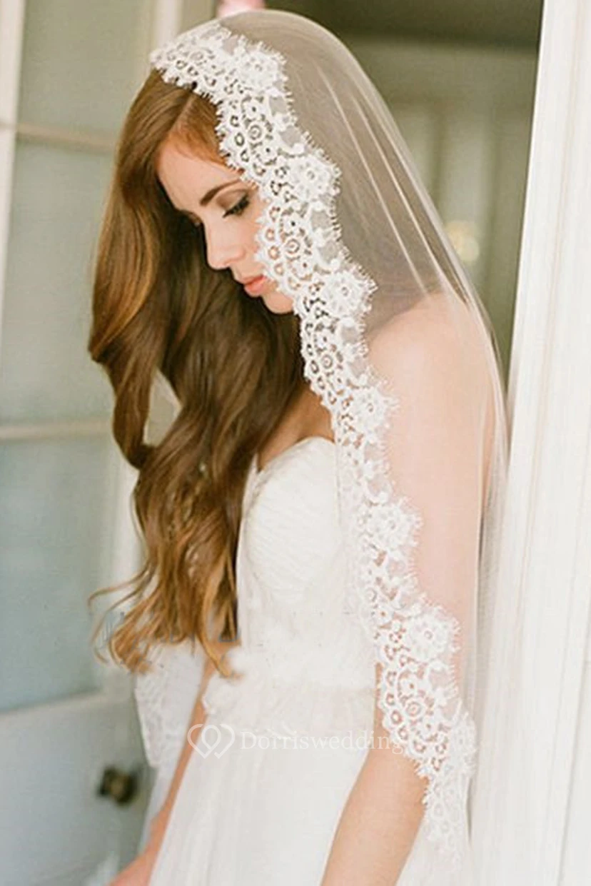 Soft Tulle Wedding Veil with Lace Applique Edge view 2