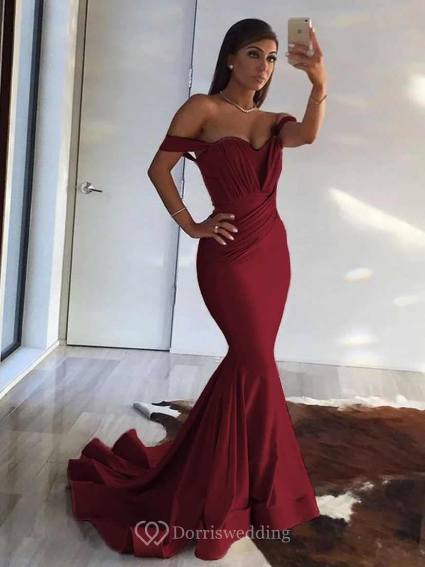Sexy Mermaid Off-the-shoulder Sheath Champagne Ruched Evening Prom Dress view 4