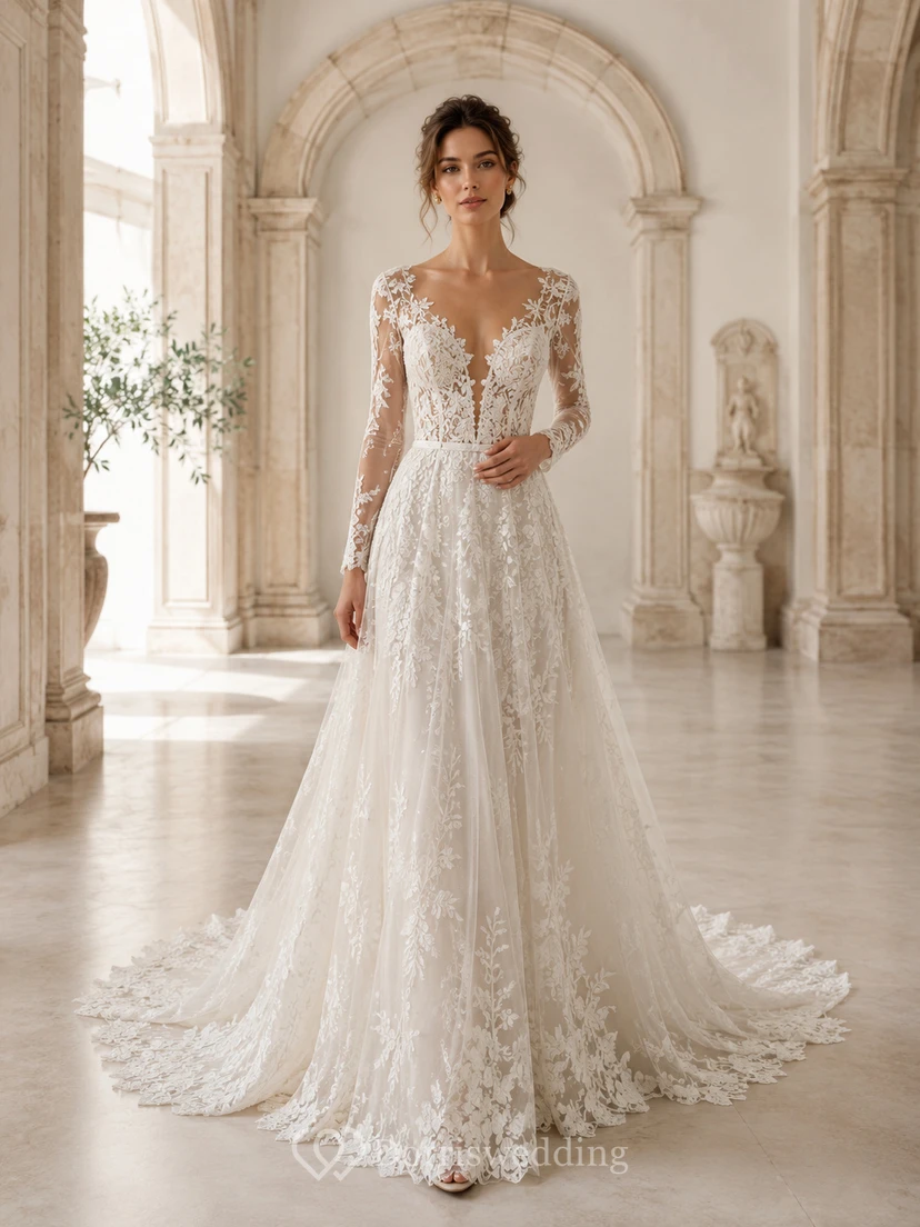 Robe de mariée trapèze en dentelle florale à col en V et manches illusion longues